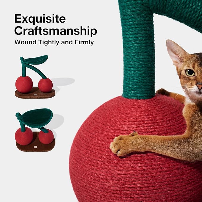 VETRESKA Cat Scratching Post, Large Cherry Cat Scratcher with Hammock, Tall Cat Scratch Interactive Toy with Natural Sisal Rope for Indoor Cats, Kittens - PAWPICO