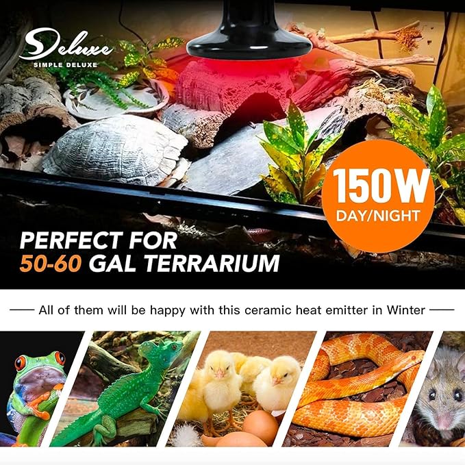 Simple Deluxe 150W Ceramic Heat Lamp Reptile Heat Emitter Heater Lamp Bulb No Light with Free Digital-Thermometer, for Pet Brooder Coop Chicken, Dragon Turtle Lizard Snake Aquarium Tank SimpleDeluxe