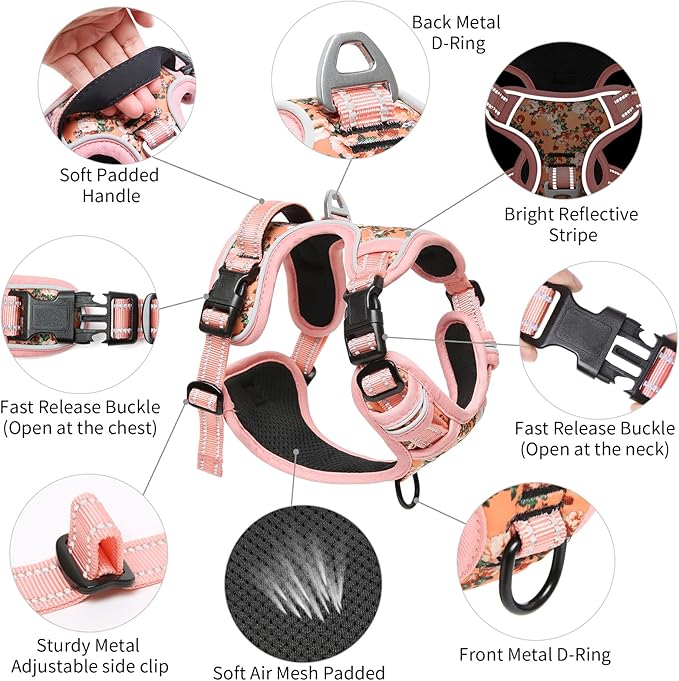 Timos Dog Harness, No-Pull Pet Harness with 2 Leash Clips, Adjustable Soft Padded Dog Vest, Reflective Outdoor Pet Oxford Vest with Easy Control Handle Timos