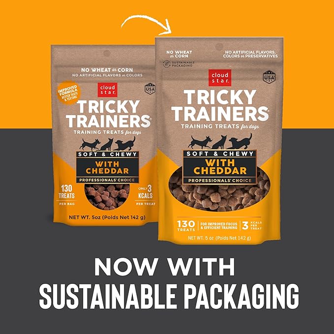Cloud Star Tricky Trainers Soft & Chewy Dog Training Treats 5 oz Pouch, Cheddar Flavor, Low Calorie Behavior Aid with 130 treats - PAWPICO