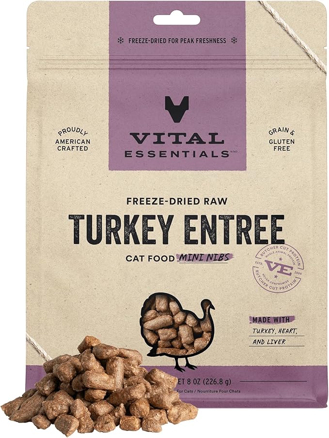 Vital Essentials Freeze Dried Raw Cat Food, Turkey Mini Nibs Entree, 8 oz VitalEssentials