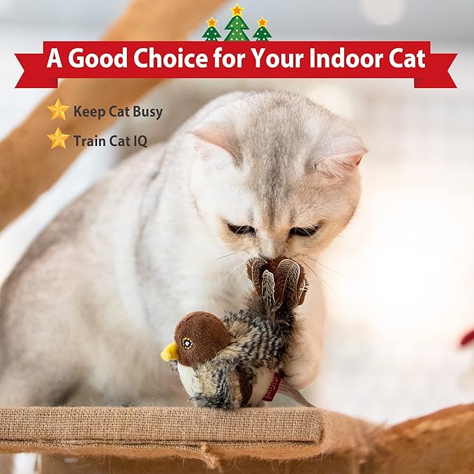 Gigwi Chirping Bird Cat Toy Set, Interactive Chasing Toy for Indoor Cat, Motion Activated Kitten Play Toy, Squeaky Cat Animal Feather Toy for All Breeds Cat Kicker - PAWPICO