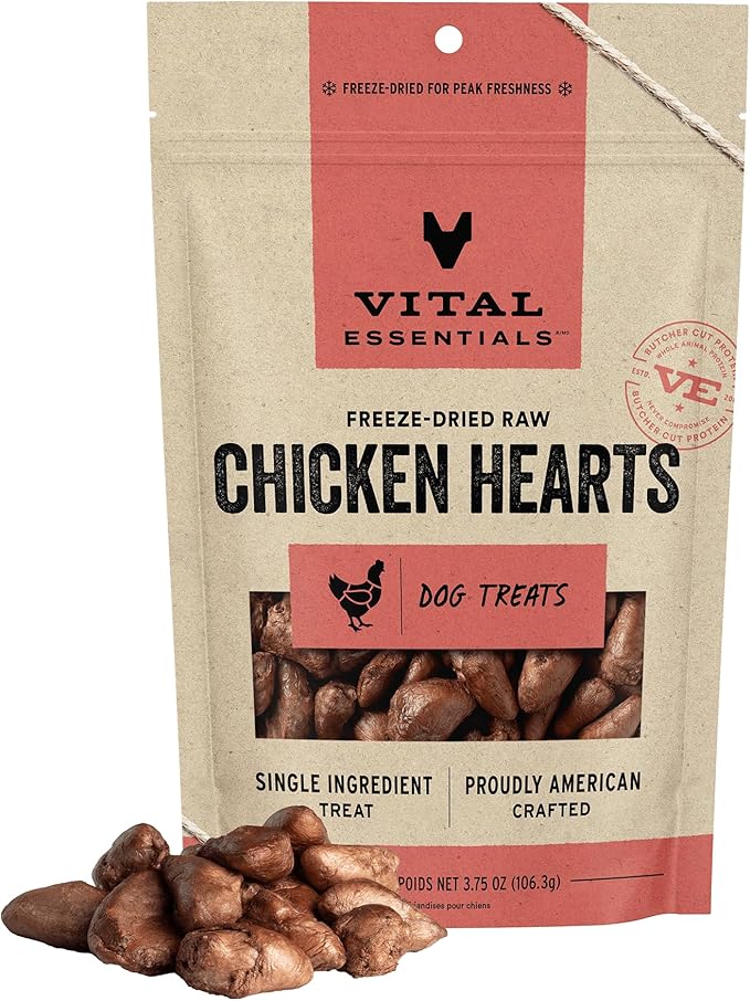 Vital Essentials Freeze Dried Raw Single Ingredient Dog Treats, Chicken Hearts, 3.75 oz - PAWPICO