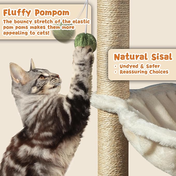 Cat Scratching Post 30 Inches Small Cat Tree Tower with Cat Hammock, Cat Hammock with Cat Toy Wooden Interactive, Cat Condo for Kitten and Adults Cat - PAWPICO