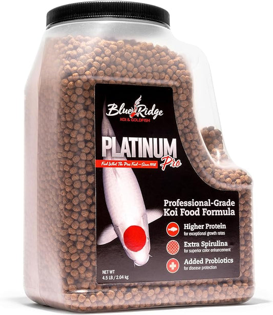 Blue Ridge Koi Fish Food 4.5lb - Koi Food 3/16” Platinum Pro Formula Goldfish Food, Premium Fish Food for Ponds, Floating Pond Pellets Fish Food BlueRidgeFishHatchery