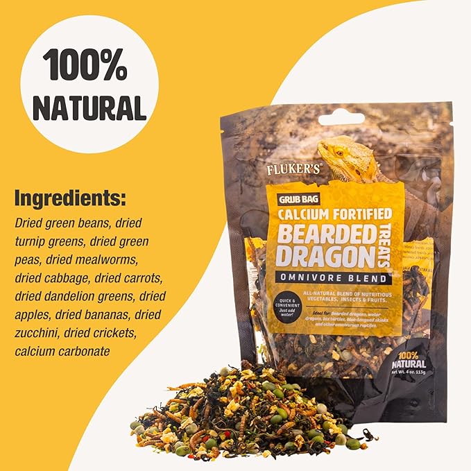 Fluker's Grub Bag Calcium Fortified Treats, All Natural Omnivore Blend Packed with Protein, Fruits, and Vegetables, for Bearded Dragons and Reptiles, 4 oz Flukers