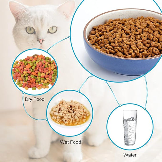 5.19 in Ceramic Cat Dishes, Howise Shallow Cat Food Bowls Small Pet Bowls Cat Food Dish for Food and Water, 3 Pack Ceramic Cat Bowls, Navy - PAWPICO