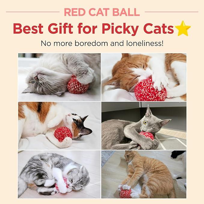 JAYU PET Red Cat Ball - Catnip Inside Cat Toy, Handmade Silvervine Ball Toys, Cat Toys for Indoor Cats, Interactive Matatabi Cat Ball Toy, Feline Kitten Toys, Cat Gifts (2.7 inch) - PAWPICO