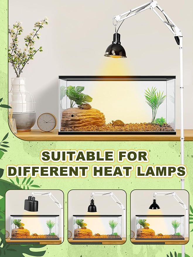 Reptile Lamp Stand, Heat Lamp Stand (15.7 to 74.3 inch) with Adjustable 360° Swing Arm for Terrarium, Reptile Heat Lamp Stand for Bearded Dragons, Turtles, and Chameleons (White) BESTSHOP