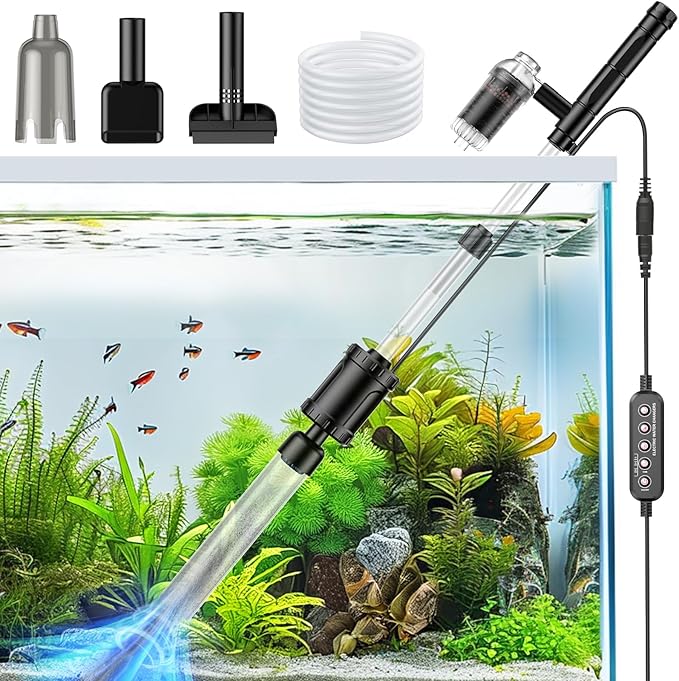 36W Fish Tank Vacuum Gravel Cleaner Electric: Aquarium Vacuum Gravel Cleaner with Strong Suction for Automatic Water Change Algae Cleaner Sand Wash Water Circulation and Water Shower, Timed Off Suness