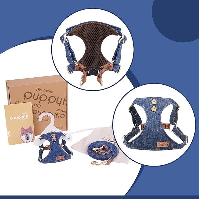 No Pull xs Dog Harness with Multifunction Dog Leash,Soft Adjustable No Choke Escape Proof Pet Harness Vest,Denim Blue,XXS Puppytie