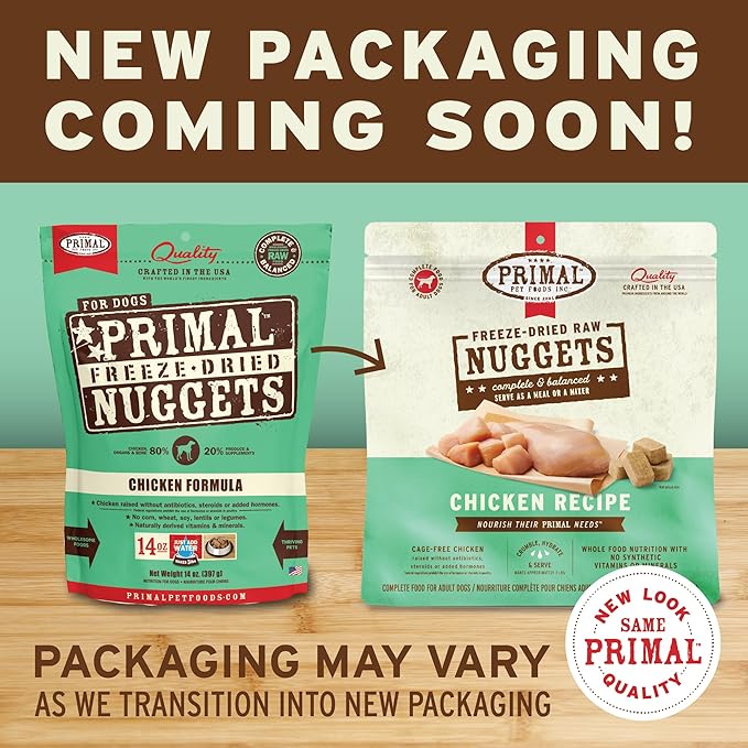 Primal Freeze Dried Dog Food Nuggets, Chicken; Complete Balanced Meal, Topper or Treat; Premium, Healthy, Grain Free, High Protein Raw Dog Food, 14 oz PrimalPetFoods