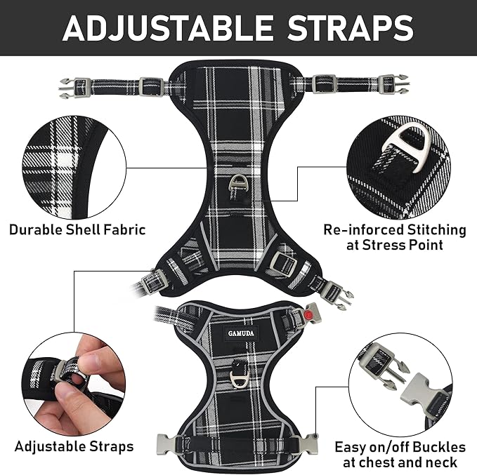 GAMUDA Dog Harness Collar and Leash Set, Horse Care Sheets, No Chock No Pull Adjustable Vest Harnesses Plaid Reflective for Medium Dog, Cat, Small Horse, Small Bull and Pig (Black, XS) GAMUDACollarsCollection