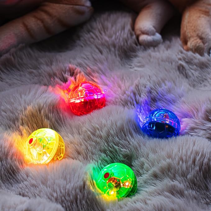 Frienda 4 Pieces Ghost Hunting Cat Ball Motion Light Up Cat Balls LED Motion Activated Cat Ball Motion Light Up Cat Dog Interactive Toys Pet Glowing Mini Running Exercise Ball Toys (Multicolored) - PAWPICO