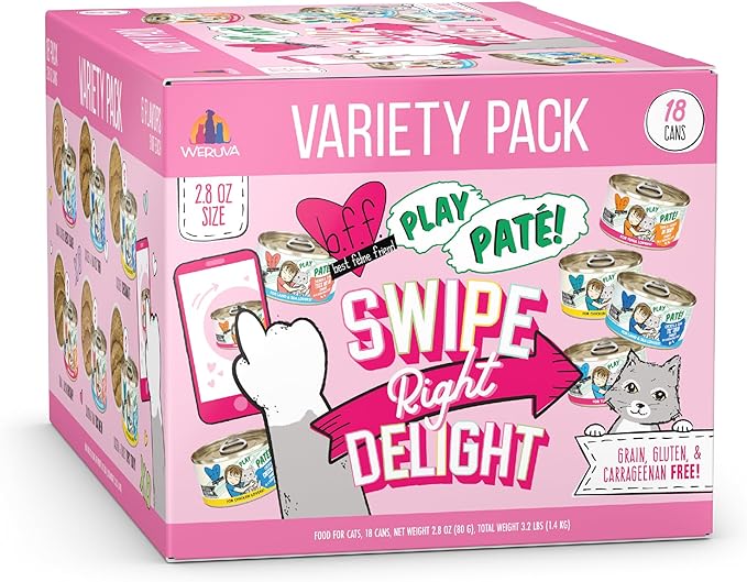 B.F.F. Play - Best Feline Friend Paté Lovers, Aw Yeah!, Swipe Right Delight Grain-Free Natural Wet Cat Food Variety Pack, 2.8oz Can (Pack of 18) - PAWPICO