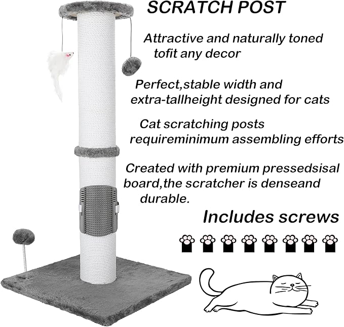 34 Inches Cat Scratching Post Heavy Duty and Thicker Cat Self Grooming with Hanging Toys and Sturdy Handmade Rope, Grey - PAWPICO