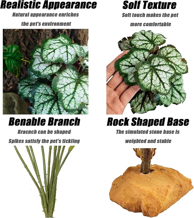 Woyrise Reptile Artificial Plants for Terrarium Decor, Amphibian Habitat Decorations Bearded Dragon Tank Accessories fit Crested Gecko Leopard Lizard Chameleon Snake Frog - Fake Green Heuchera Woyrise