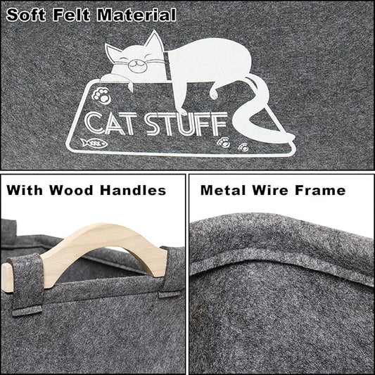 Cat Toy Box, Cat Toy Storage Basket with Handles, Felt Pet Toy Basket Pet Supplies Storage Bin, Perfect for Organizing Cat Toys and Accessories - PAWPICO