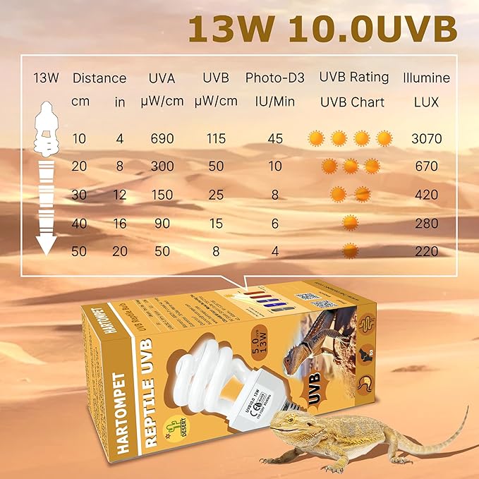 10.0 UVB Reptile Light 13W, Compact Fluorescent Desert Terrarium Lamp, High-Output Coil UVB Bulbs for Terrarium Tanks, Suitable for Bearded Dragons, Geckos and Other Desert-Dwelling Reptile HARTOMPET
