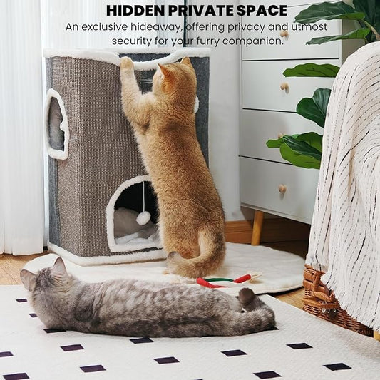 3-Level Cat House for Indoor Cats, Large Adult Cat Cave Bed Cats Cube House with Scratch Pad Cat Towers, Cute Kitten Condo Hideaway Hut with Soft Pillow Mat for Multi Pets Under 50 lbs - PAWPICO