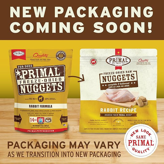 Primal Freeze Dried Raw Dog Food Nuggets, Rabbit, Complete & Balanced Meal, Also Use as Topper or Treat, Premium, Healthy, Grain Free, High Protein Raw Dog Food, 14 oz PrimalPetFoods