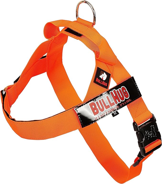 BULLHUG Harness – Made for Larger Chested Dogs Like English Bulldogs, French Bulldogs, Pugs & More. Stops Dogs from Pulling & Choking on Walks (NEON Orange, Medium) BULLHUG