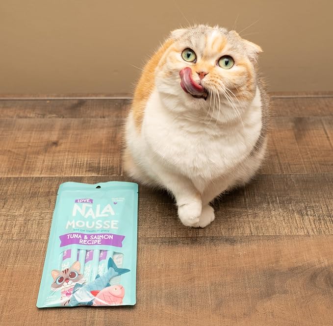 LOVE, NALA - Skin & Coat Health - Tuna & Salmon Plus Collagen Mousse - Lickable Cat Squeeze Up Wet Food Puree Treat, Topper - Grain Free, Fiber, Minerals, Vitamins - 24 Pack 15.2 oz. - PAWPICO
