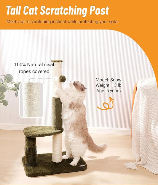 Happi N Pets 34“ Tall Cat Scratching Post for Big Cats, Natural Sisal Cat Scratchers for Indoor Cats, Heavy Duty Cat Stands Featuring with Cat Self Groomer and Hanging Toys, Free Catnip-Green - PAWPICO