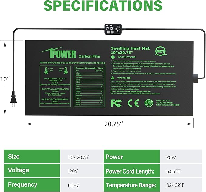 iPower 10" x 20.75" Waterproof Durable Seedling Heat Mat with Digital Thermostat Control Warm Hydroponic Plant for Indoor Gardening Germination Starting iPower