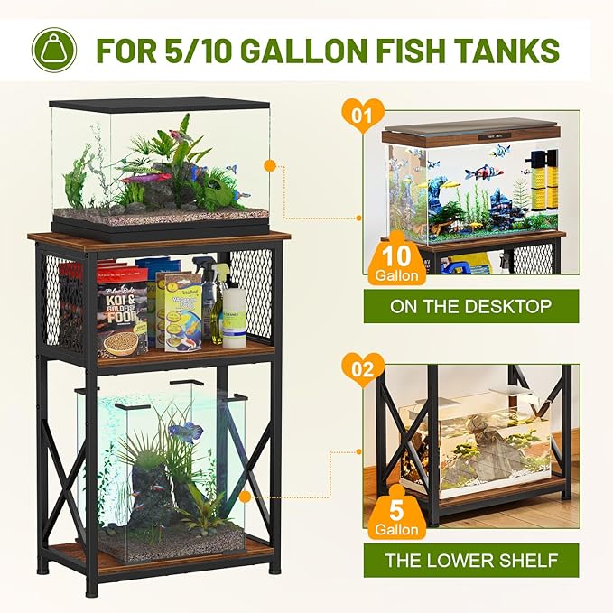 Snughome Fish Tank Stand, 10 Gallon Aquarium Stand with Storage, 3 Tier Heavy Metal Fish Tank Stand Fish Tank Shelf 20.47" x 11.42" x 30.91", Rustic Brown Snughome