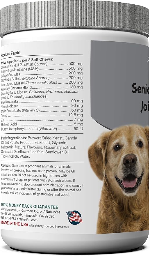 NaturVet Senior Advanced Joint Health Dog Supplement – Includes Glucosamine, MSM, Chondroitin, Collagen – Helps Supports Canine Joint Health Function – 120 Ct. Soft Chews NaturVet