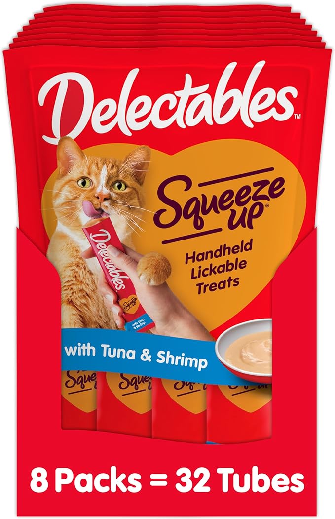 Delectables Squeeze Up Creamy Squeezable Puree, Lickable Wet Cat Treats, Grain Free, No Added Fillers, No By-Products, No Added Preservatives, 0.5 Ounces Tuna & Shrimp, 32 Tubes Total Hartz