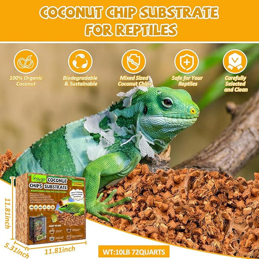 Legigo 10LBS Coconut Chip Substrate for Reptiles, 72QT Natural Coco Husk Chip Reptiles Bedding, Compressed Coconut Chip Substrate for Snake, Tortoise, Ball Python, Gecko, Lizard Terrarium Tanks Legigo