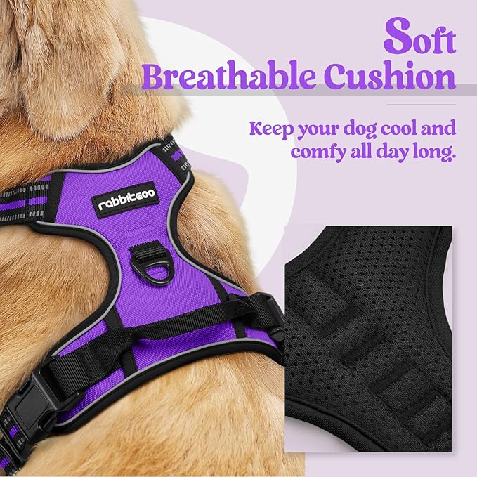 rabbitgoo Dog Harness No Pull with 2 Leash Clips, Adjustable Soft Padded, Reflective Oxford No Choke Pet Vest with Easy Control Handle for Large Dogs, Purple, L rabbitgoo