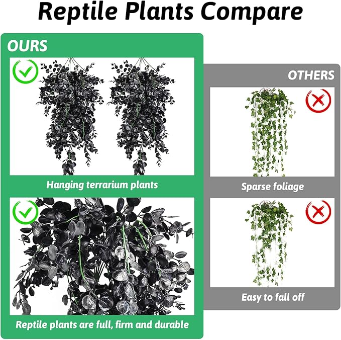 Hamiledyi Reptile Plants, 2 Pack Hanging Terrarium Plants, Artificial Leaves Habitat Decorations with Suction Cup, Fake Amphibian Plants for Bearded Dragon Lizard Hermit Crab Geckos Chameleon(Black) Hamiledyi