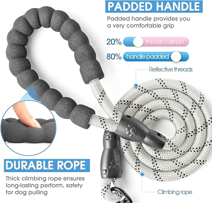 BAAPET 2/4/5/6 FT Dog Leash with Comfortable Padded Handle and Highly Reflective Threads for Small Medium and Large Dogs (5FT-1/2'', Silver) BAAPET