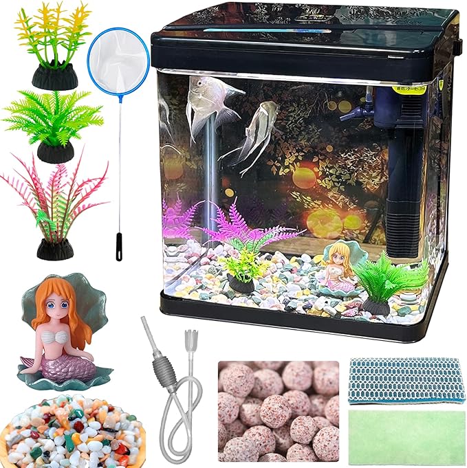 Glass Fish Tank 2.3 Gallon Aquarium Starter Kit Small Betta Fish Tank Desktop Mini Fish Bowl for Shrimp Small Fish with Pump LED Light Simulated Water Plants and Filtering Materials (Black) PAWPICO
