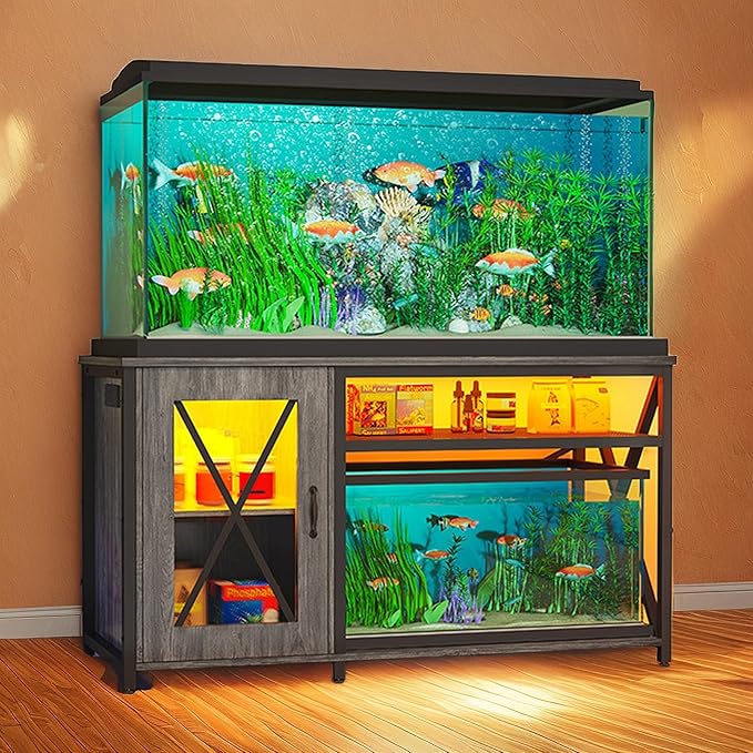 YITAHOME Fish Tank Stand with Power Outlets & LED Light, 55-75 Gallon Metal Aquarium Stand with Cabinet for Fish Tank Accessories Storage for Turtle Tank, Reptile Terrarium, 860LBS Capacity, Grey YITAHOME