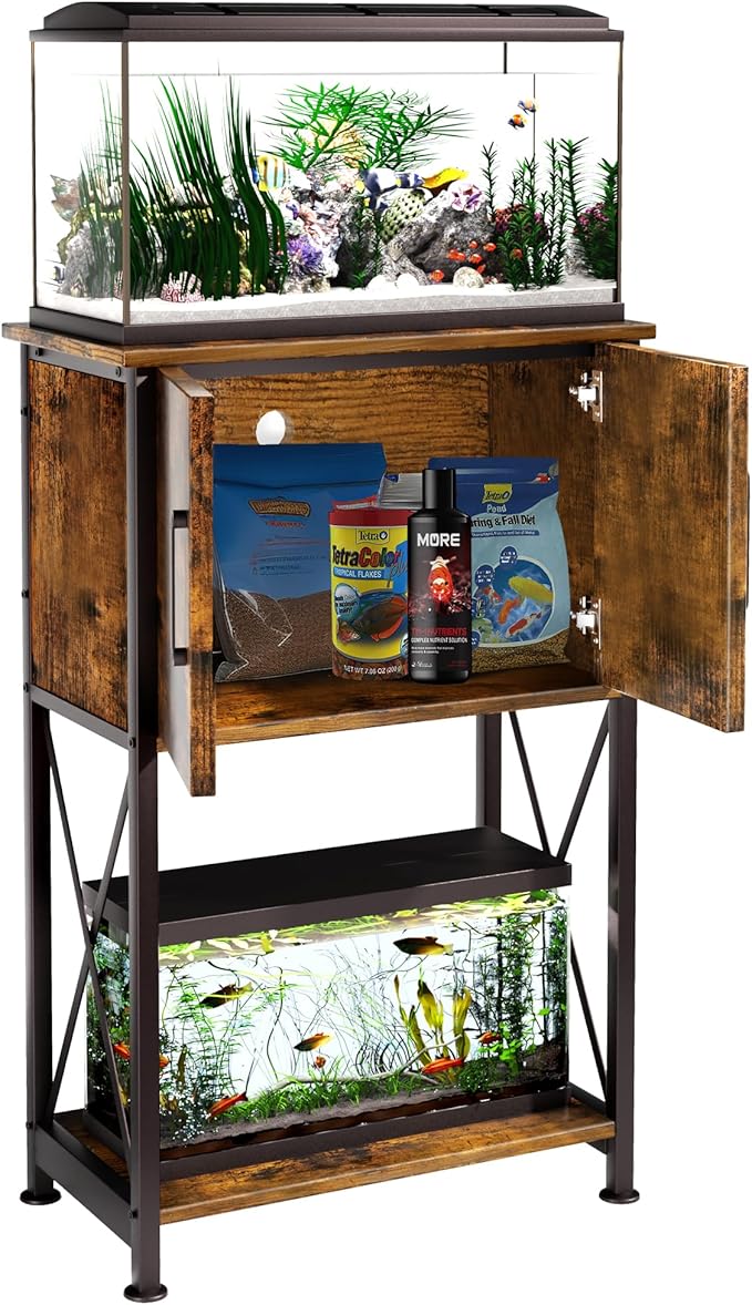 5-10 Gallon Fish Tank Stand, Metal Double Aquarium Stand with Cabinet for Fish Tank Accessories Storage, Heavy Duty 20.5" L* 11.02" W Tabletop, 500LBS Capacity Rustic Brown and Black PG06YGN Herture