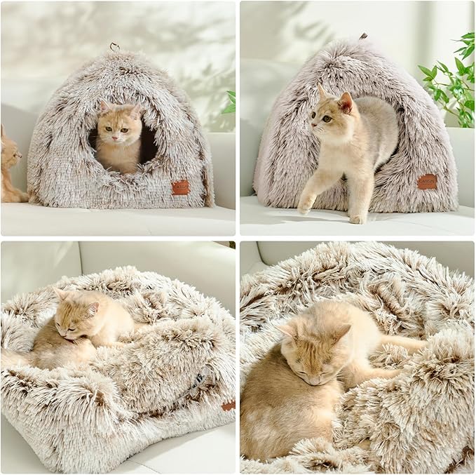 CATISM Cat Bed, Cat Cave for Indoor Cats, Soft Cat Dome, Self-Warming 2 in 1 Foldable Pet Cat House with Washable Cushioned Pillow Calming Fluffy Dog Beds for Small Dogs with Anti-Slip Bottom Brown - PAWPICO
