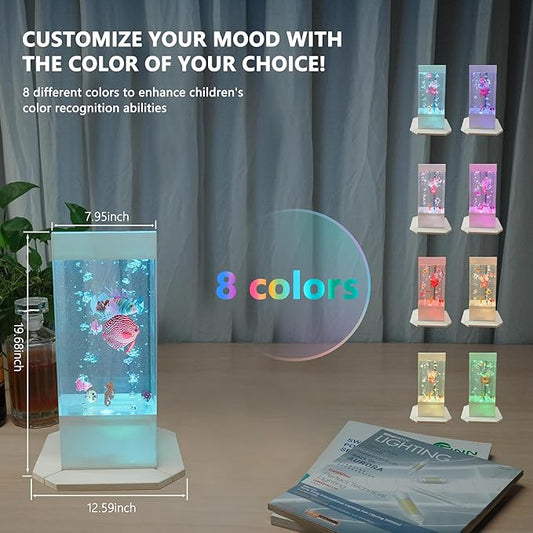 20 Inch 8-Color Changing Sensory Bubble Fish Lamp, Aquarium with 12 Artificial Fish for Home Decor, Mood Lighting - Ideal for Kids, Adults, ADHD & Autism Tenmind