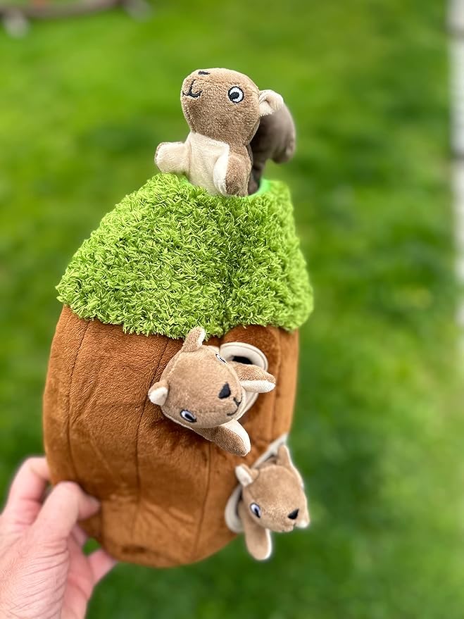 Squirrel in Tree Hide and Seek Dog Toy for Small and Medium Size Dogs, Plush Squirrel Inside Trunk Dog Toy with Squeaker, Interactive Burrow Dog Toy (Tree with Squirrels, Medium) - PAWPICO
