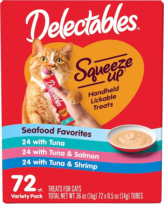 Delectables Squeeze Up Seafood Variety Pack, Creamy Squeezable Puree, Lickable Wet Cat Treats, Grain Free, No Added Fillers, No by-Products, No Added Preservatives, 0.5 Ounces Tube, 72 Tubes Total Hartz