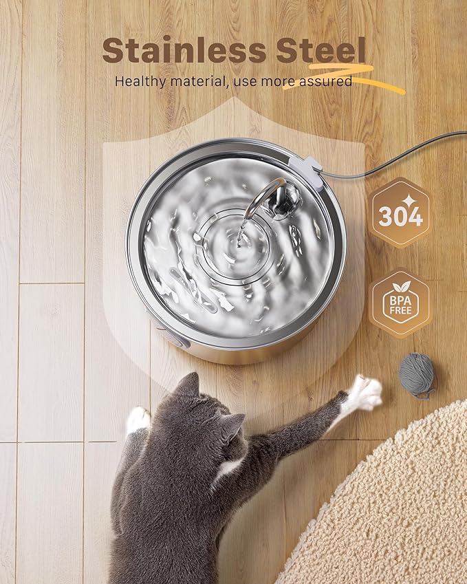 Cat Water Fountain Stainless Steel - Dog Automatic Waterer Bowl - Auto Pet Dispenser - Small Pets Drinking Waterer Indoor - Auto Dish Animal Fountains - 108oz/3.2L Metal Self Kitty Watering Supplies - PAWPICO