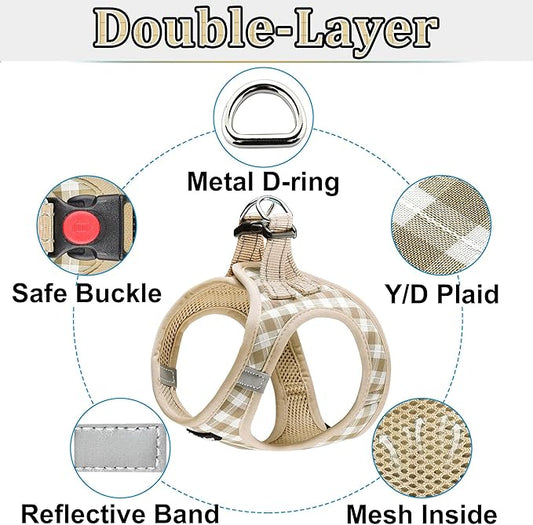 Dog Harness Step-in Breathable Puppy Cat Dog Vest Harnesses for Small Medium Dogs Beige Checkered matilor