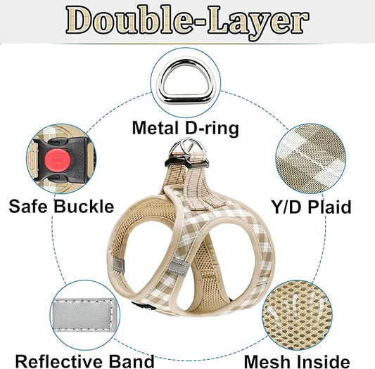 Dog Harness Step-in Breathable Puppy Cat Dog Vest Harnesses for Small Medium Dogs Beige Checkered matilor