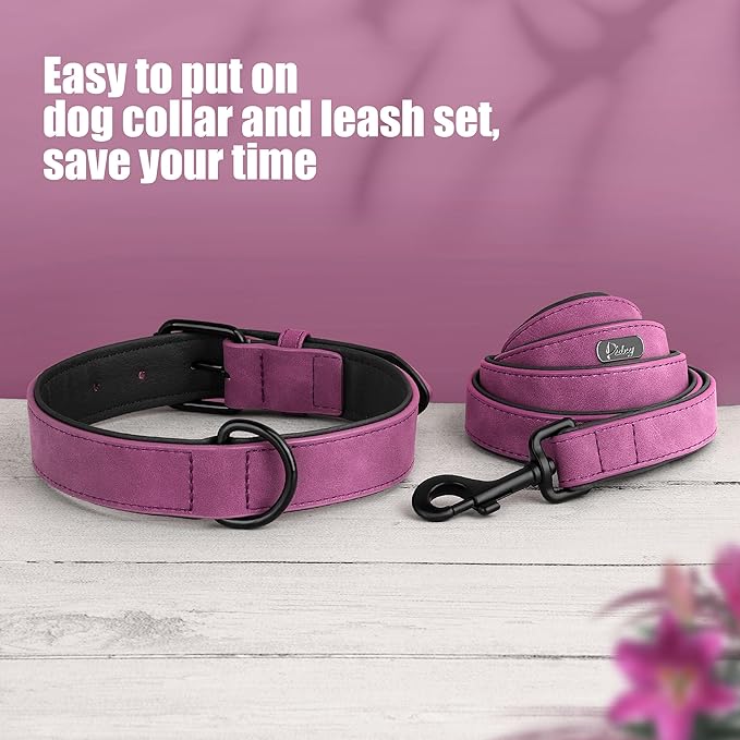 Didog Soft Padded Leather Dog Collar and Leash Set, Heavy Duty Dog Leash and Collar Set with Metal Buckle, Breathable Dog Collars with 4FT Leather Dog Leash for Small Medium Large Dogs, Purple, M Didog