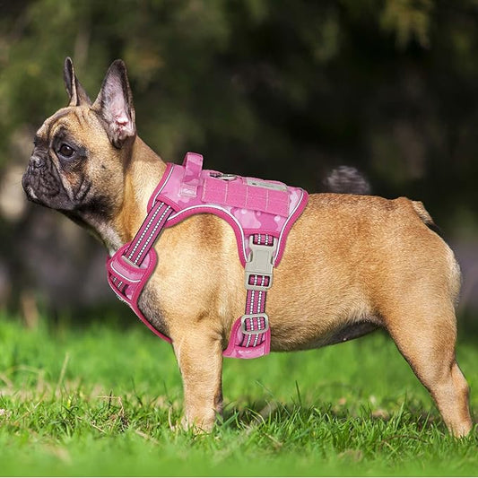 Heavy Duty Tactical Dog Harness for Small Dogs, No Pull Adjustable Pet Harness Reflective Service Training Easy Control Pet Vest Military K9 Working Dog Harnesses- Small, Pink Camo Beebielove