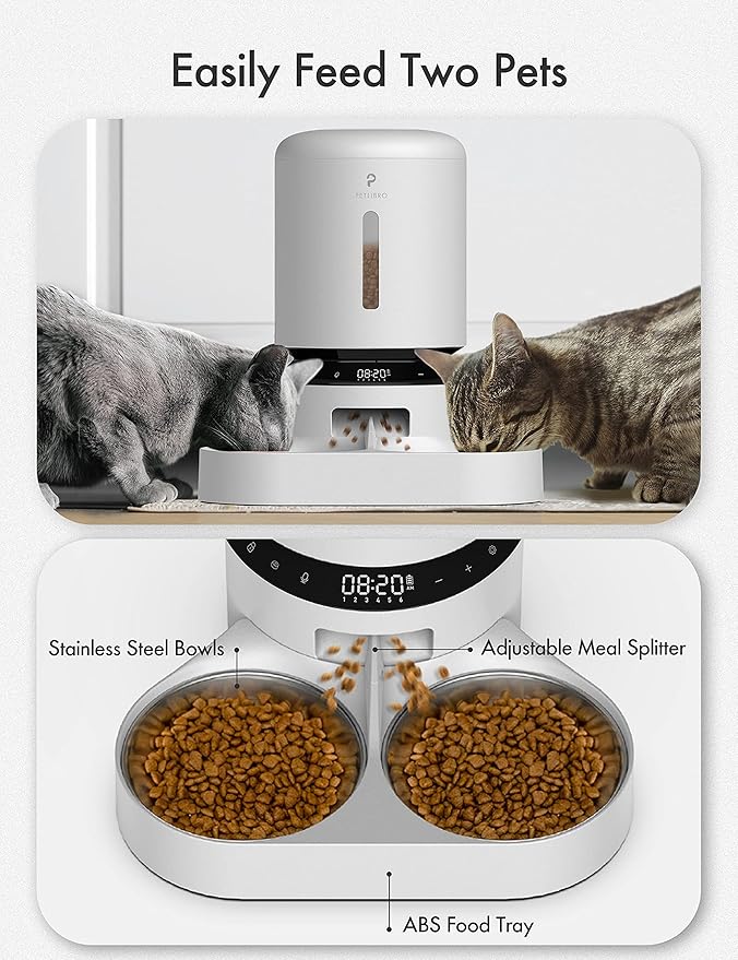 PETLIBRO Automatic Cat Food Dispenser for Two Cats 5L Auto Cat Feeder Dry Food Dispenser with Splitter & 2 Stainless Bowls, 10s Meal Call and Timer Setting 50 Portions 6 Meals Per Day for Cat and Dog - PAWPICO
