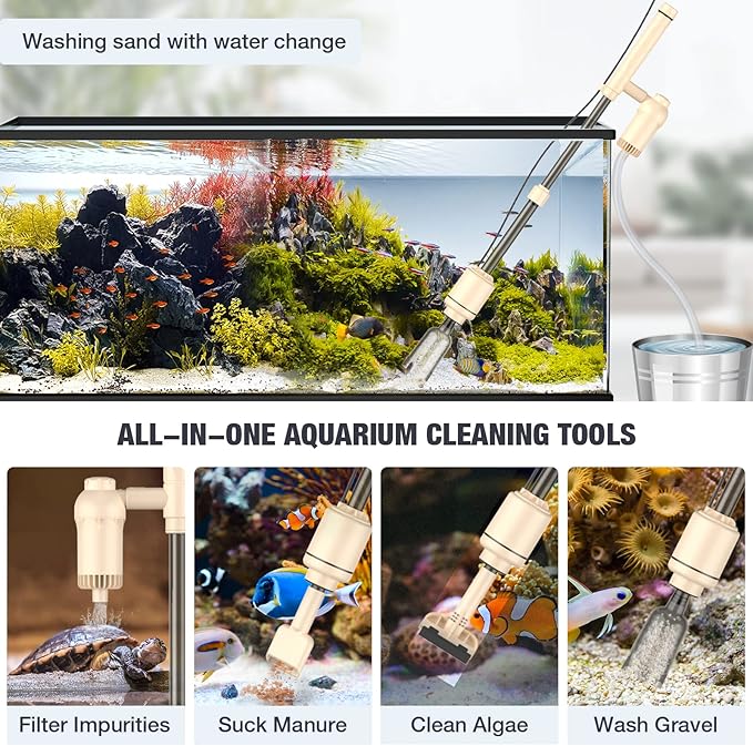 AKKEE Aquarium Vacuum Gravel Cleaner: 18W Gravel Vacuum for Fish Tank with Strong Suction for Automatic Change Water, Remove Dirt Wash Sand Water Shower and Water Circulation, Beige AKKEE